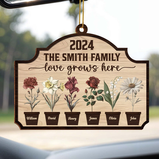 Love Grows Here With Beautiful Flowers Display - Personalized Custom Wood Ornament, Custom Shaped - FAM229_WDO