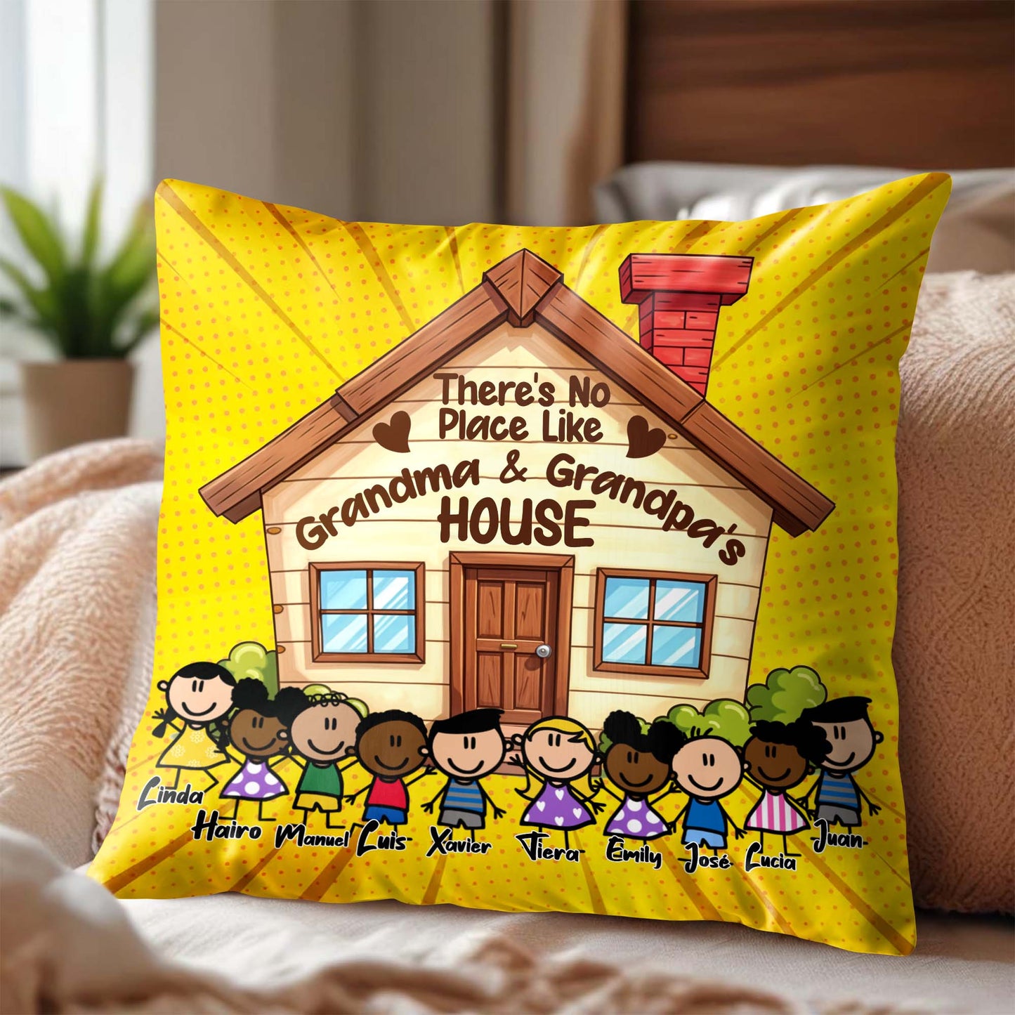 No Place Like Grandma And Grandpa's House Pillow with Cute Cartoon Children