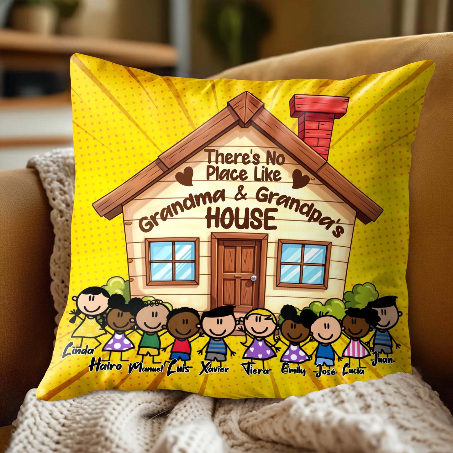 No Place Like Grandma And Grandpa's House Pillow with Cute Cartoon Children