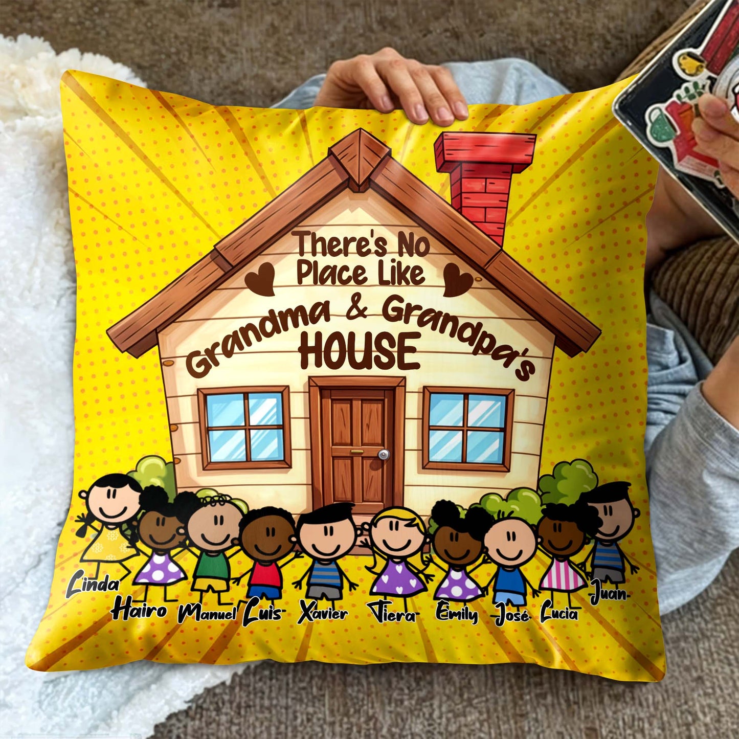 No Place Like Grandma And Grandpa's House Pillow with Cute Cartoon Children