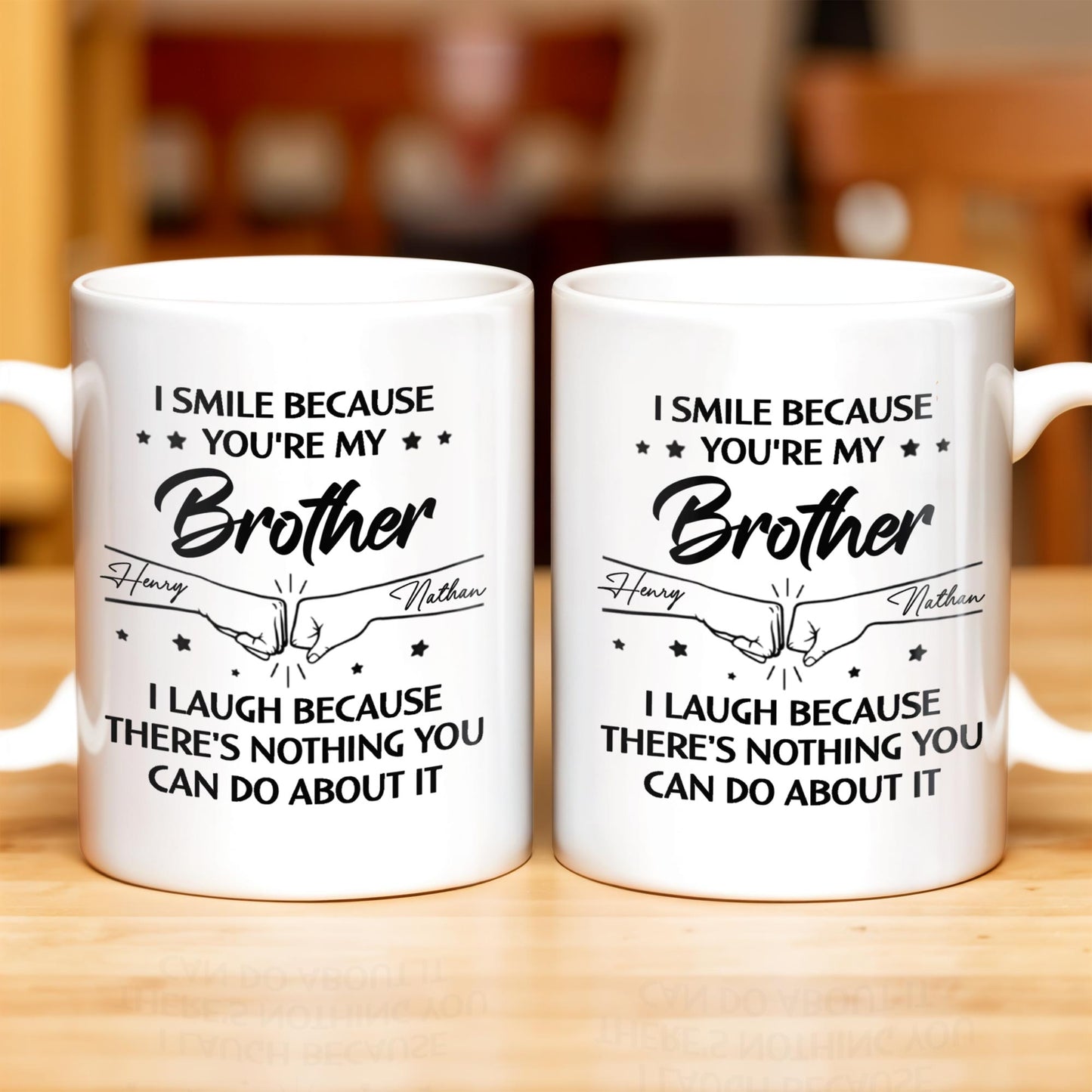 Smile And Laugh Brother Quote With Linked Hands Design - Personalized Custom Coffee Mug - FAM288_MG