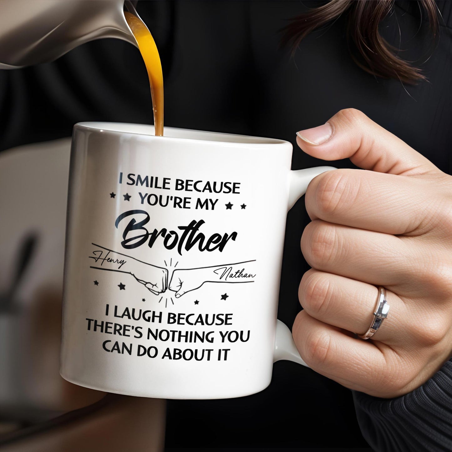 Smile And Laugh Brother Quote With Linked Hands Design - Personalized Custom Coffee Mug - FAM288_MG