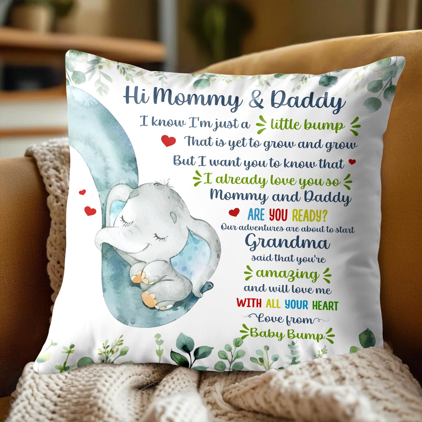 Hi Mommy & Daddy, Little Elephant And Leaves Design