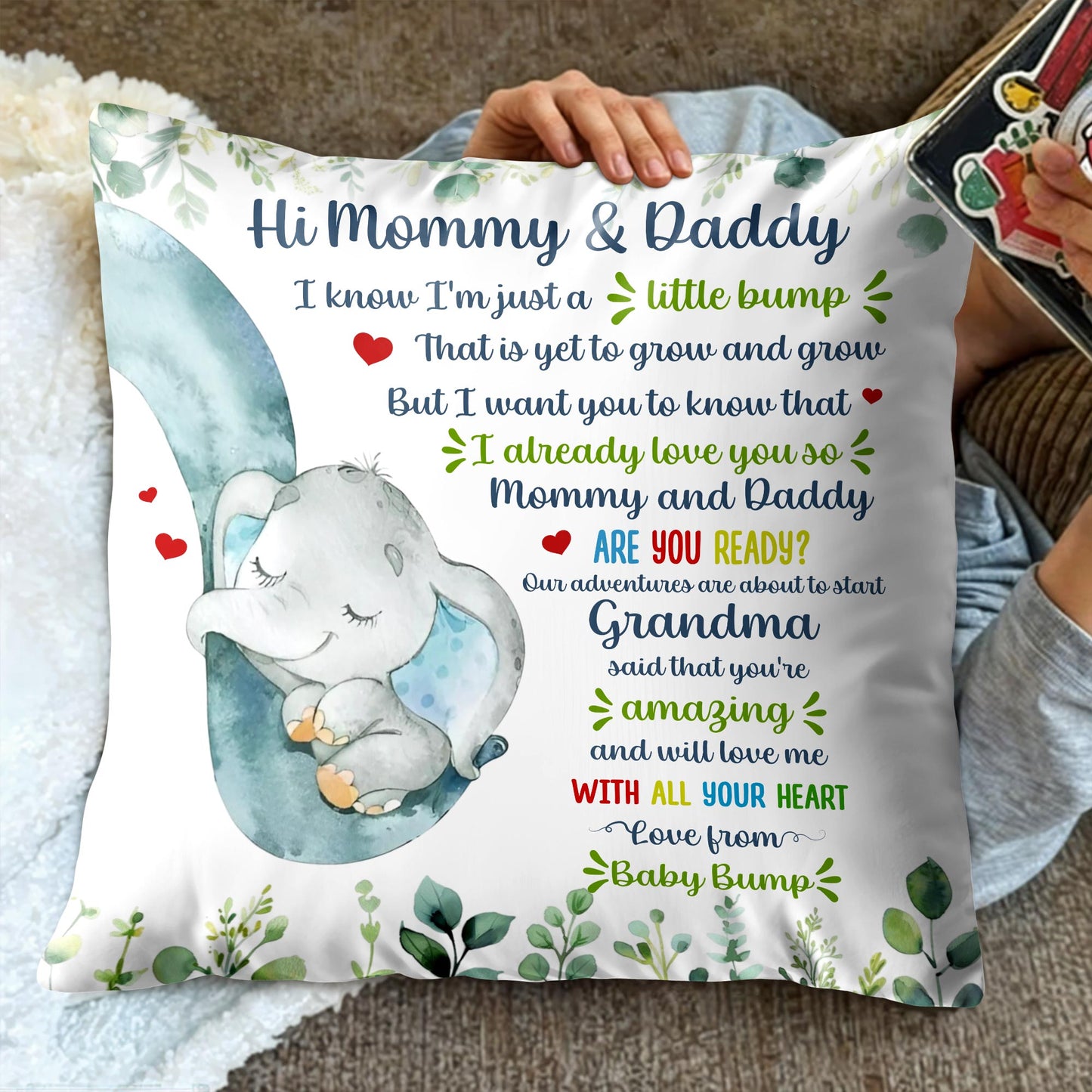 Hi Mommy & Daddy, Little Elephant And Leaves Design
