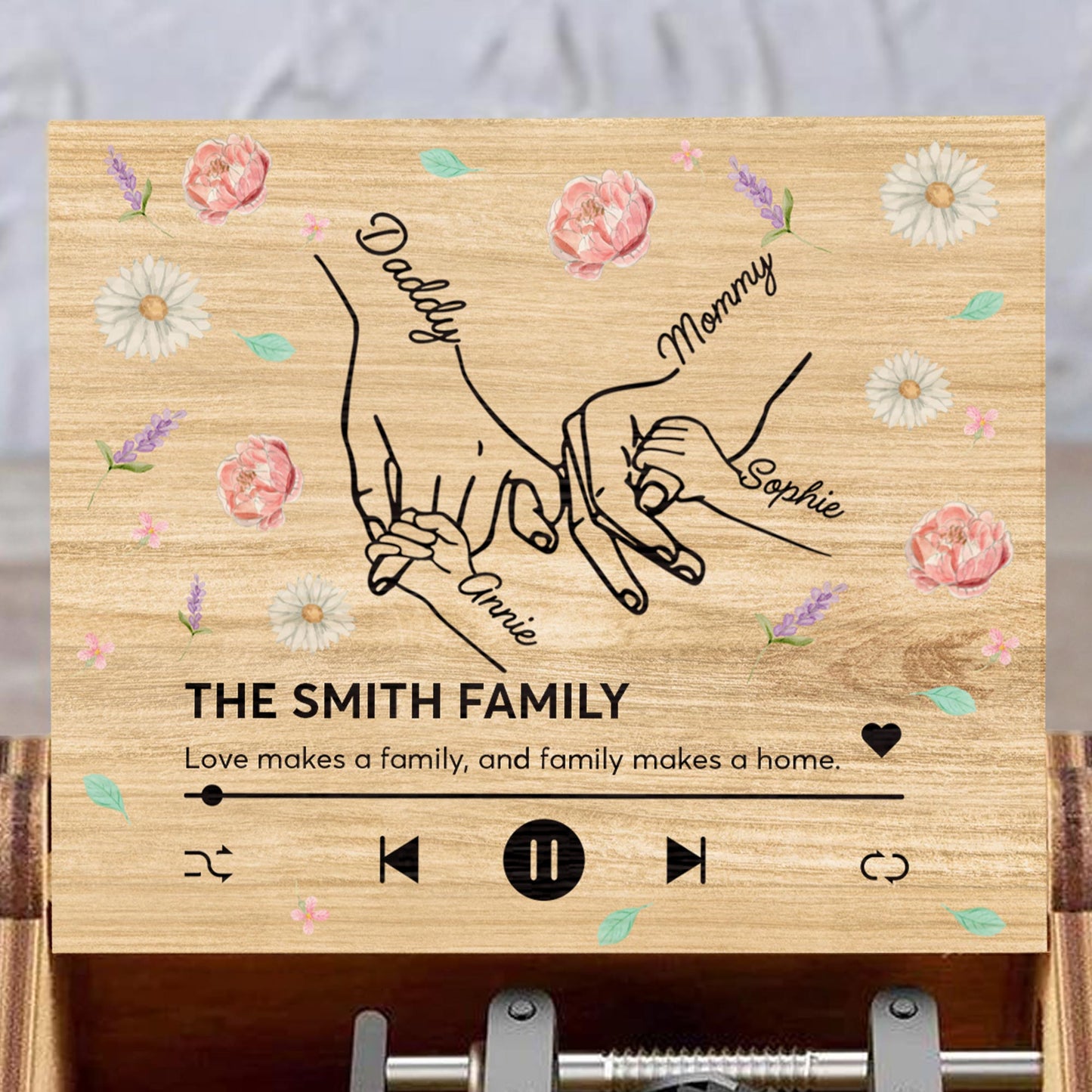 Love Makes A Family, Handprints And Flowers Design