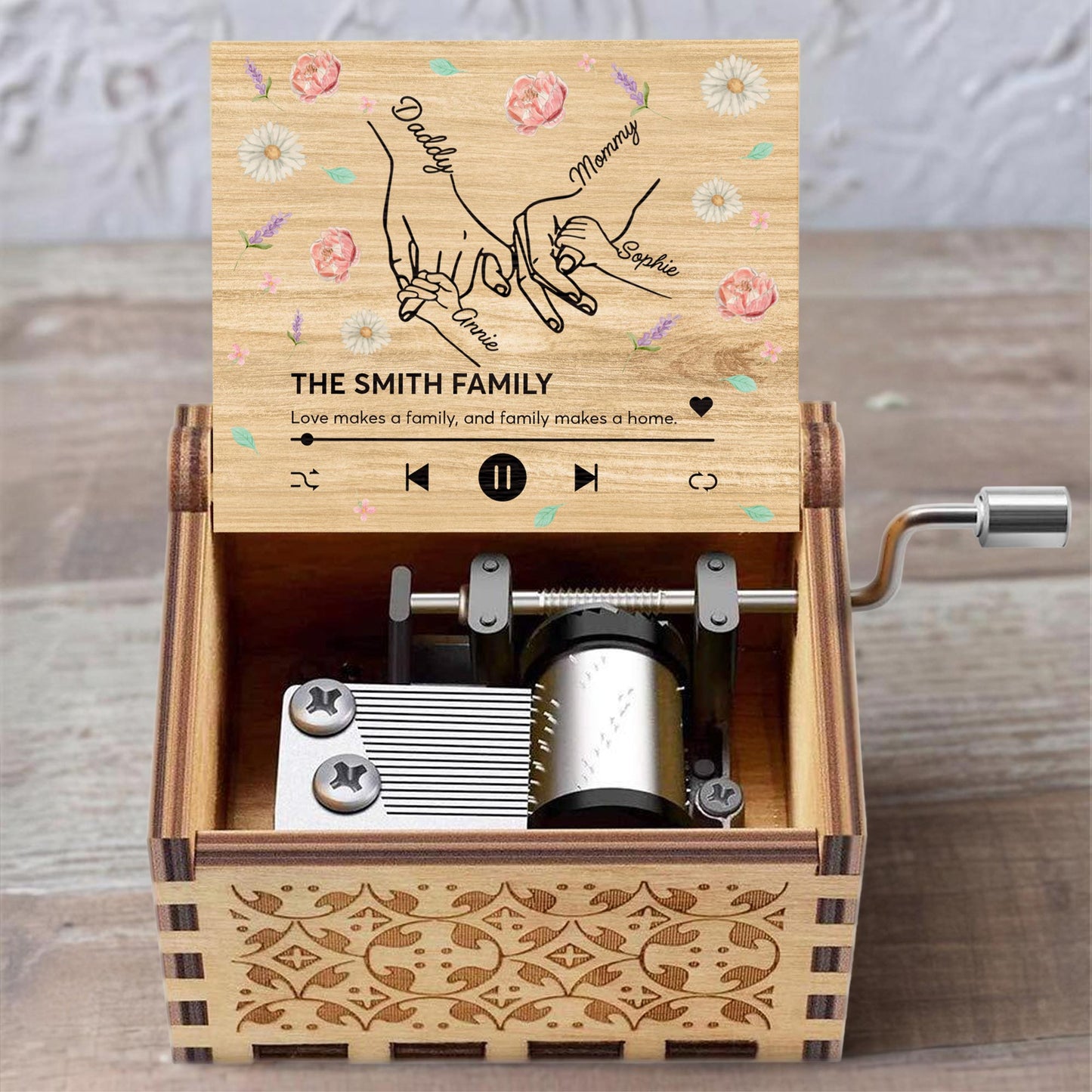 Love Makes A Family, Handprints And Flowers Design