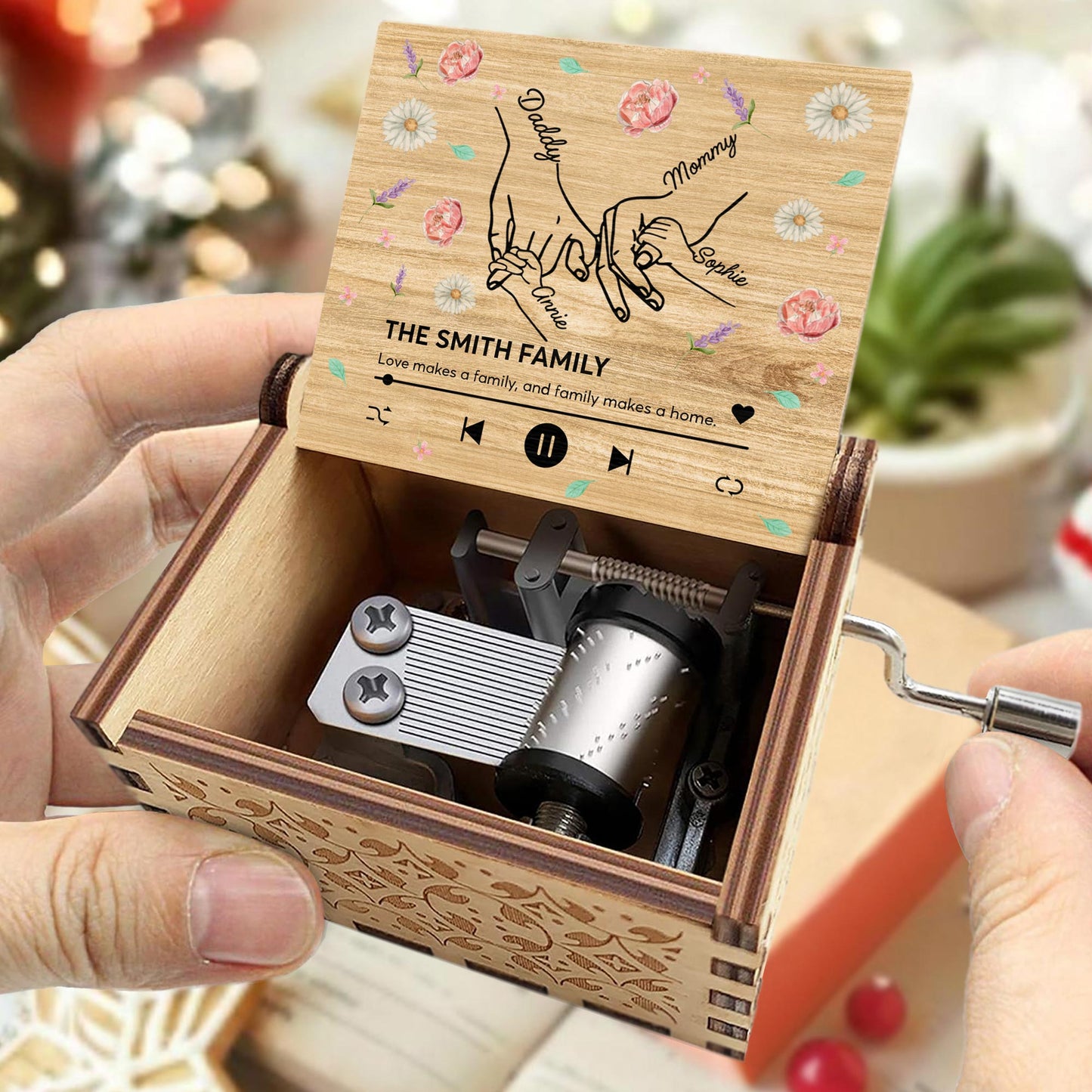 Love Makes A Family, Handprints And Flowers Design