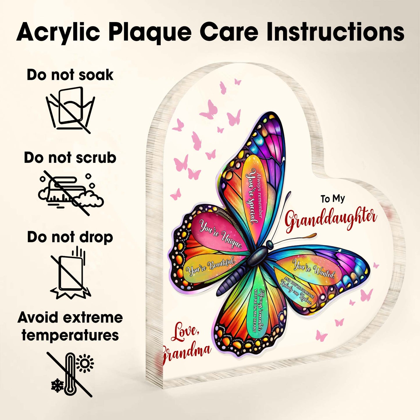 "You Are Special, Unique, Loved": Butterfly Plaque for Granddaughter - To My Granddaughter, You're Special, Butterfly and Small Hearts
