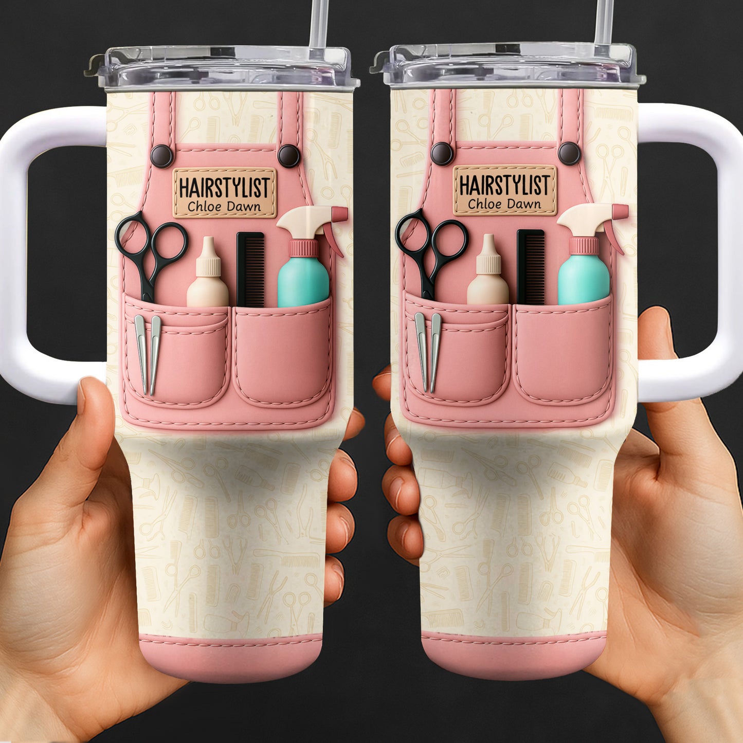 Hairstylist Tumbler With Scissors, Hair Dryer, Comb