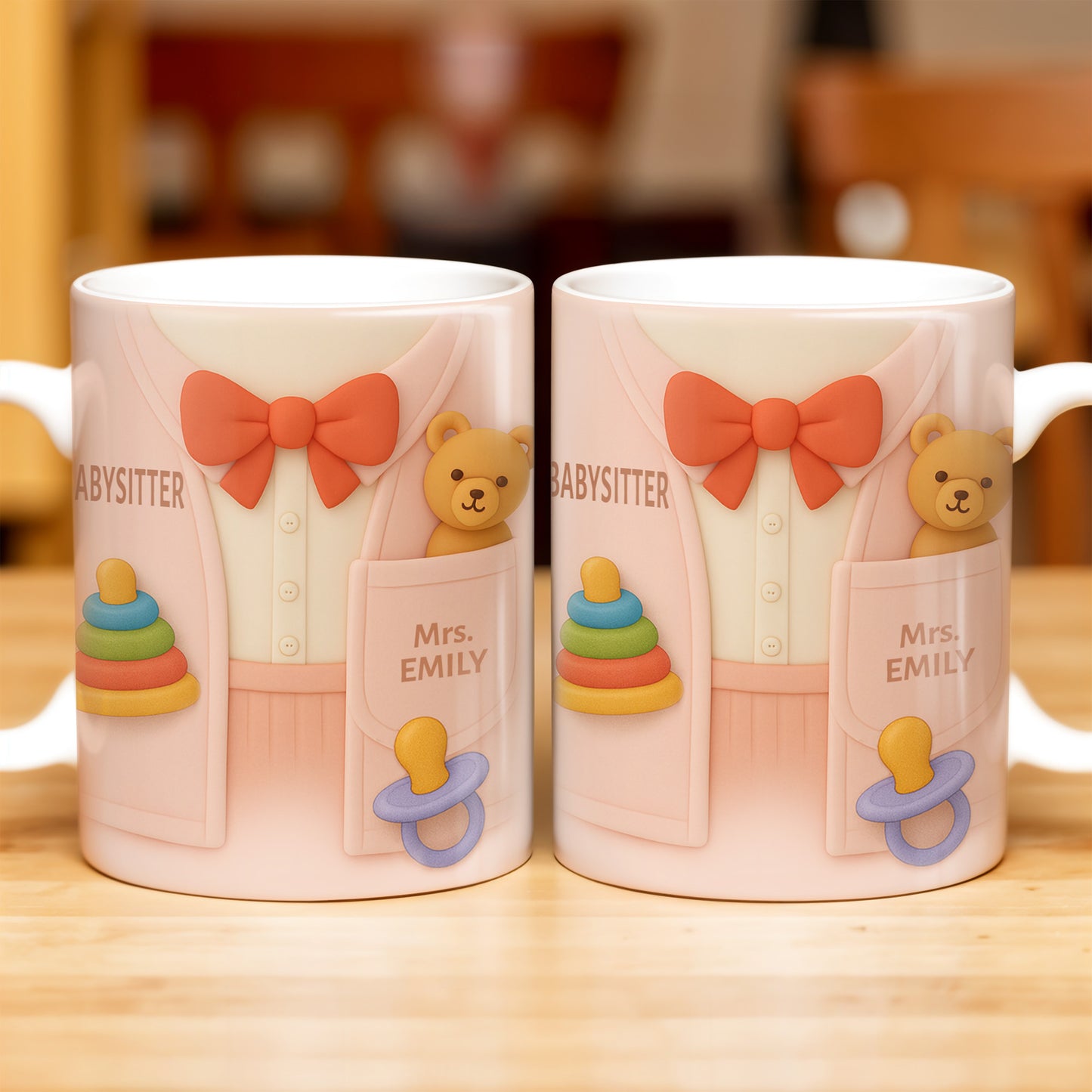 Personalize This Lovely Babysitter Coffee Mug With Your Name, Teddy Bear, Pacifier, Baby Rings, And Bow Tie