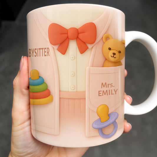 Personalize This Lovely Babysitter Coffee Mug With Your Name, Teddy Bear, Pacifier, Baby Rings, And Bow Tie