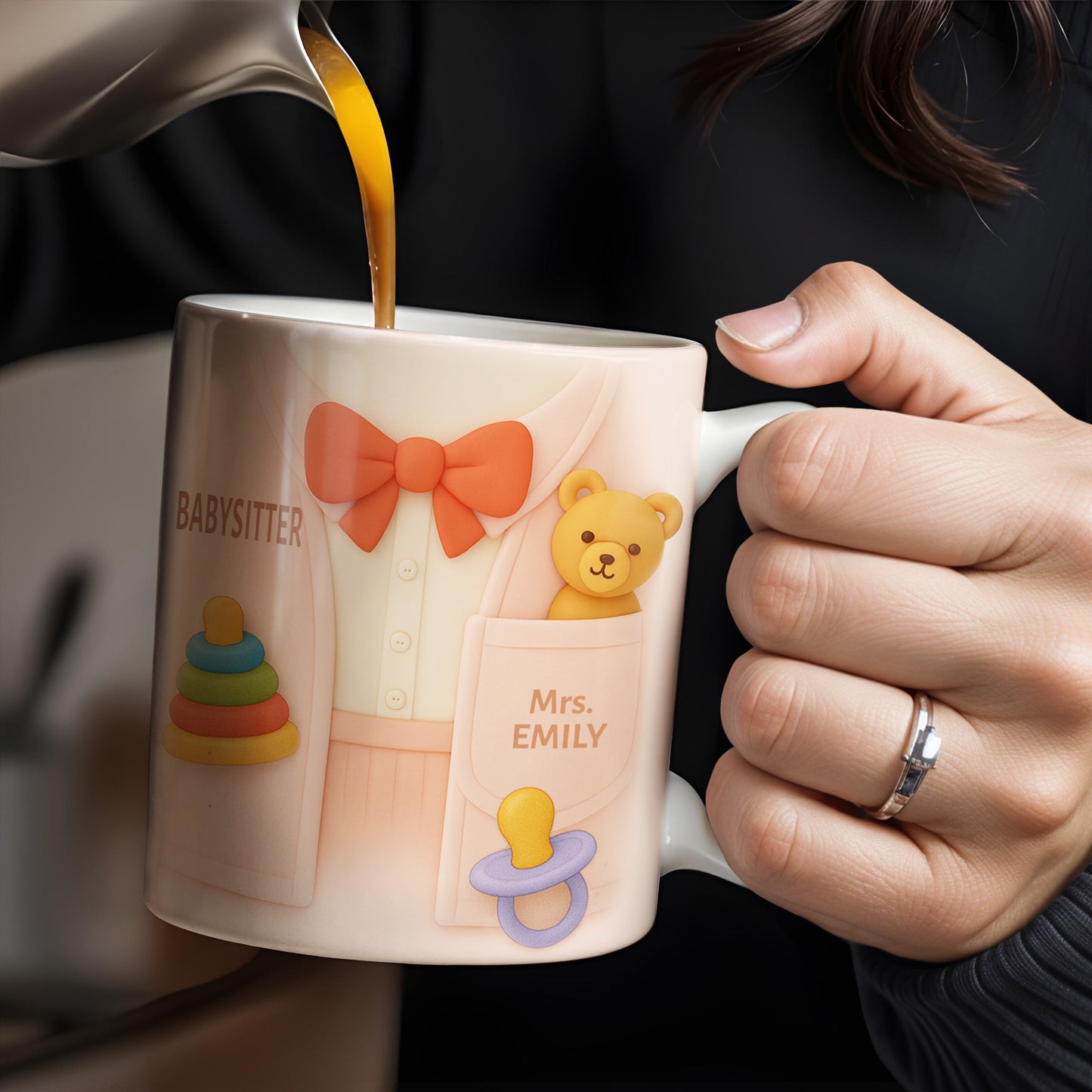 Personalize This Lovely Babysitter Coffee Mug With Your Name, Teddy Bear, Pacifier, Baby Rings, And Bow Tie