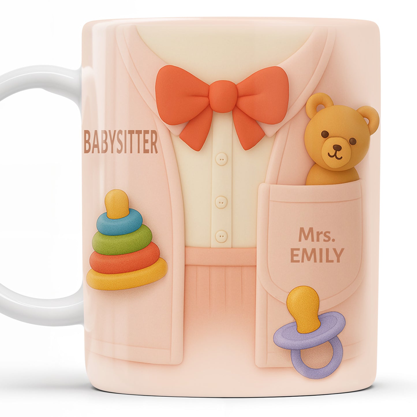 Personalize This Lovely Babysitter Coffee Mug With Your Name, Teddy Bear, Pacifier, Baby Rings, And Bow Tie