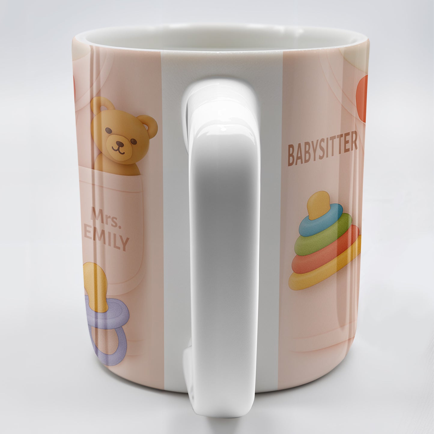 Personalize This Lovely Babysitter Coffee Mug With Your Name, Teddy Bear, Pacifier, Baby Rings, And Bow Tie