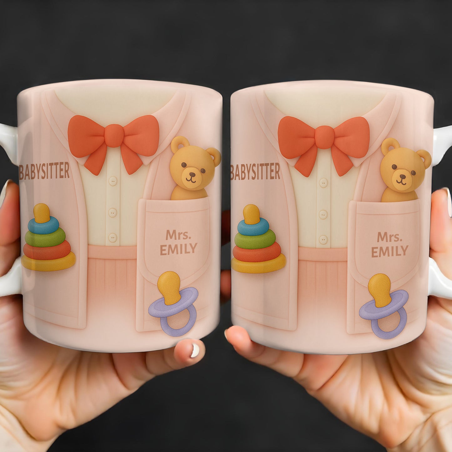Personalize This Lovely Babysitter Coffee Mug With Your Name, Teddy Bear, Pacifier, Baby Rings, And Bow Tie