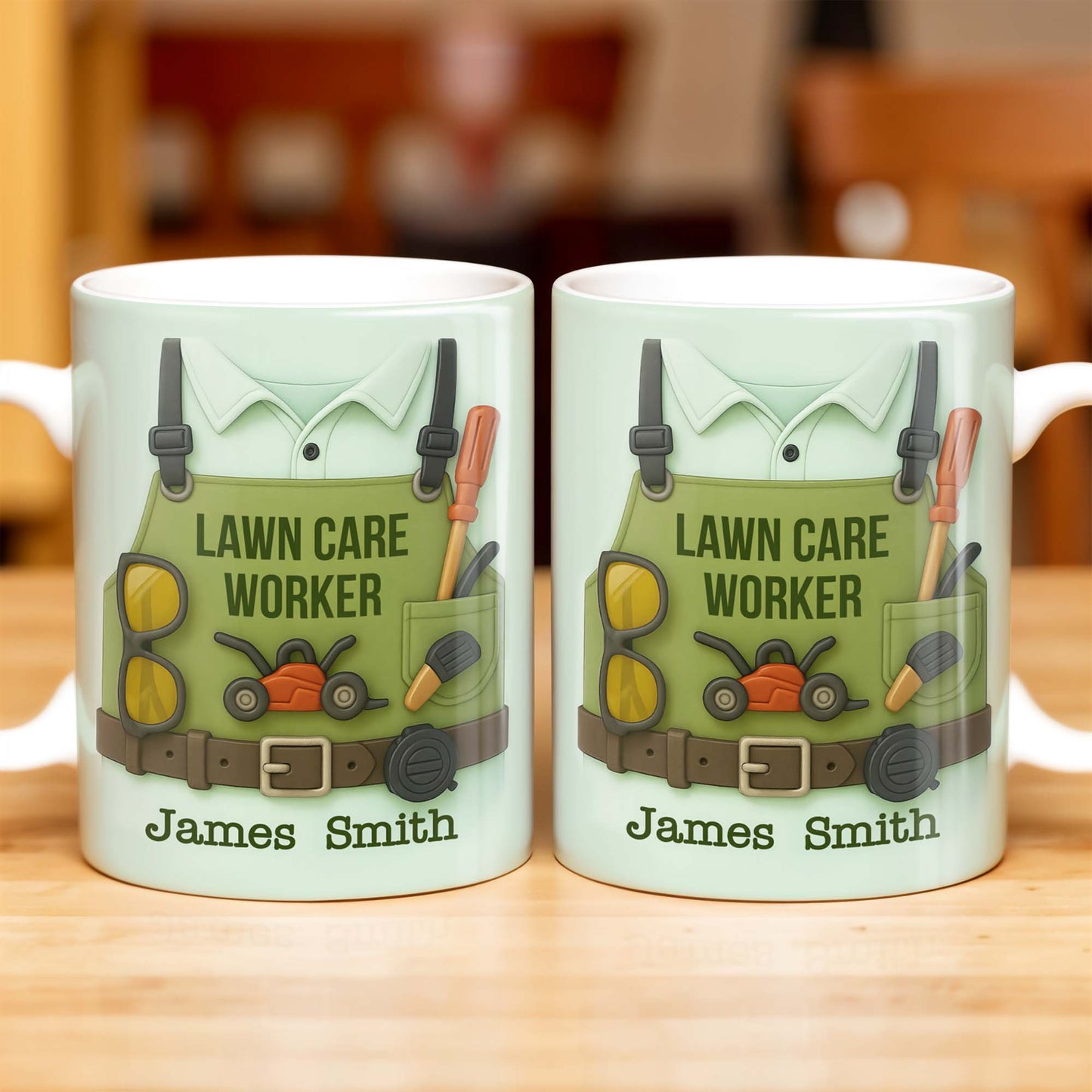 Lawn Care Worker Mug With Lawn Mower, Tools, and Sunglasses