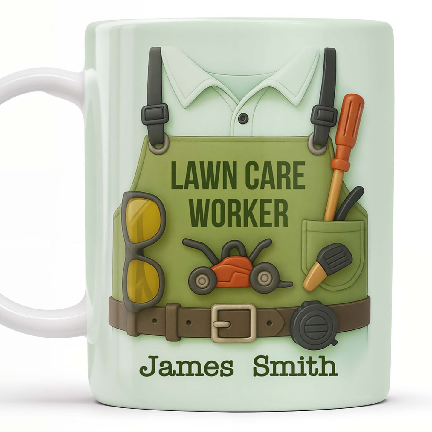 Lawn Care Worker Mug With Lawn Mower, Tools, and Sunglasses