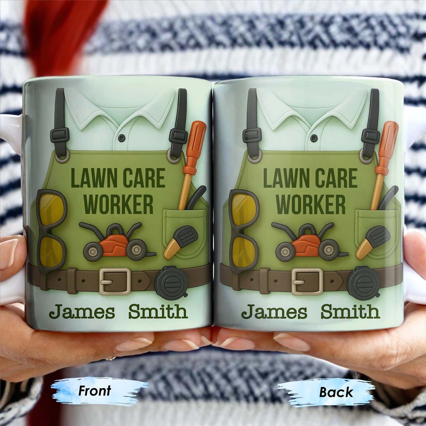 Lawn Care Worker Mug With Lawn Mower, Tools, and Sunglasses