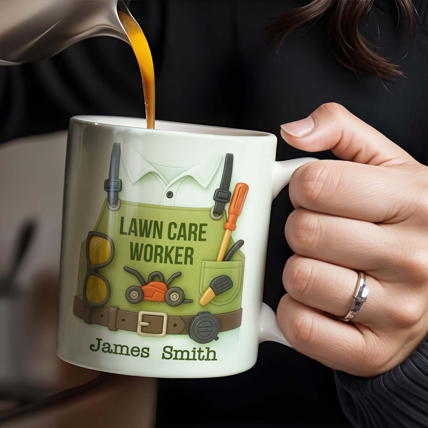 Lawn Care Worker Mug With Lawn Mower, Tools, and Sunglasses