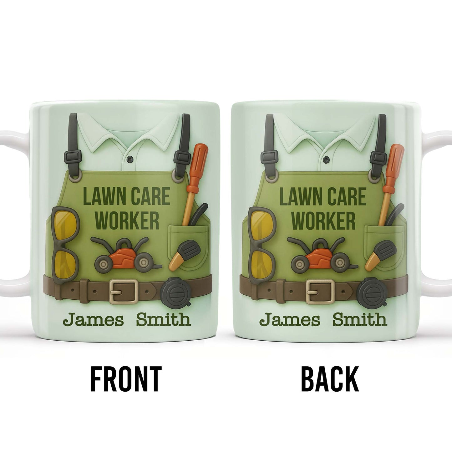 Lawn Care Worker Mug With Lawn Mower, Tools, and Sunglasses
