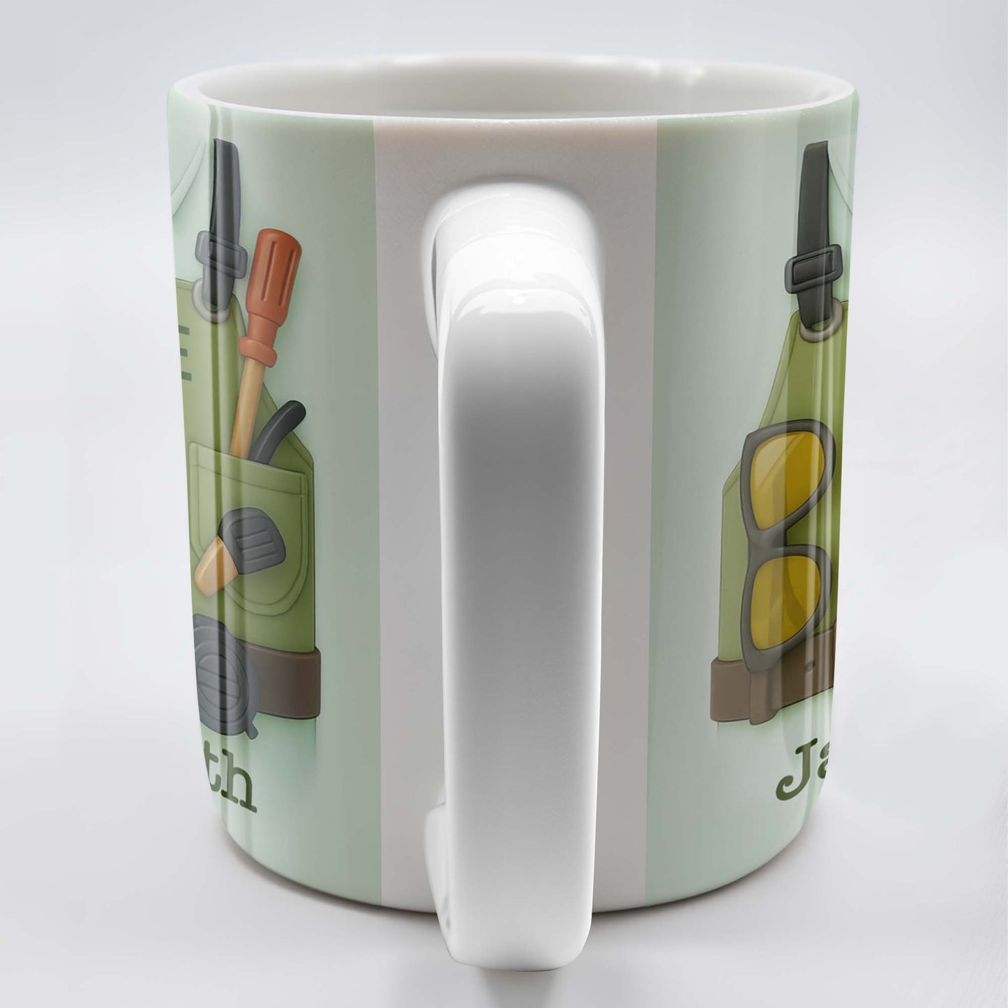 Lawn Care Worker Mug With Lawn Mower, Tools, and Sunglasses