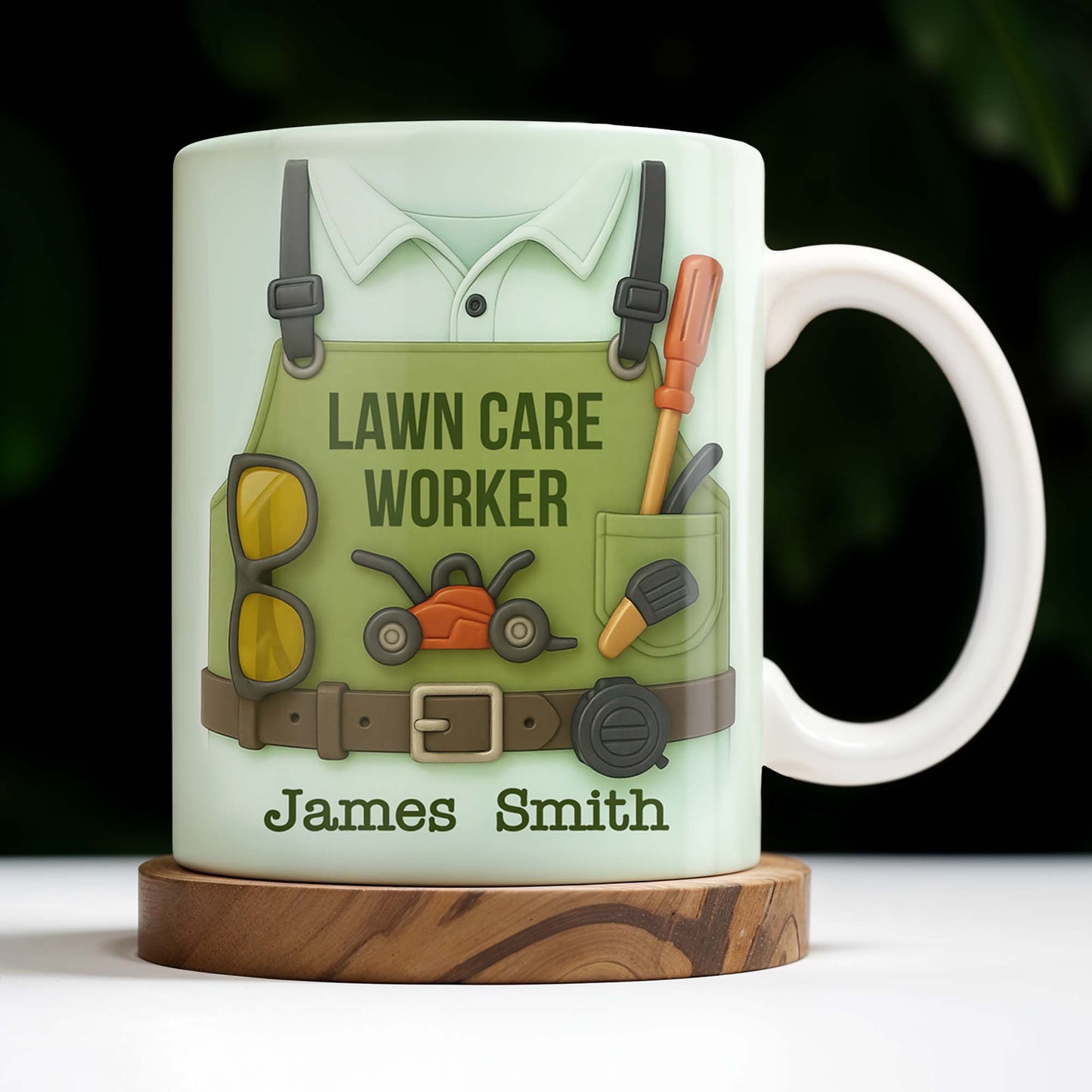 Lawn Care Worker Mug With Lawn Mower, Tools, and Sunglasses