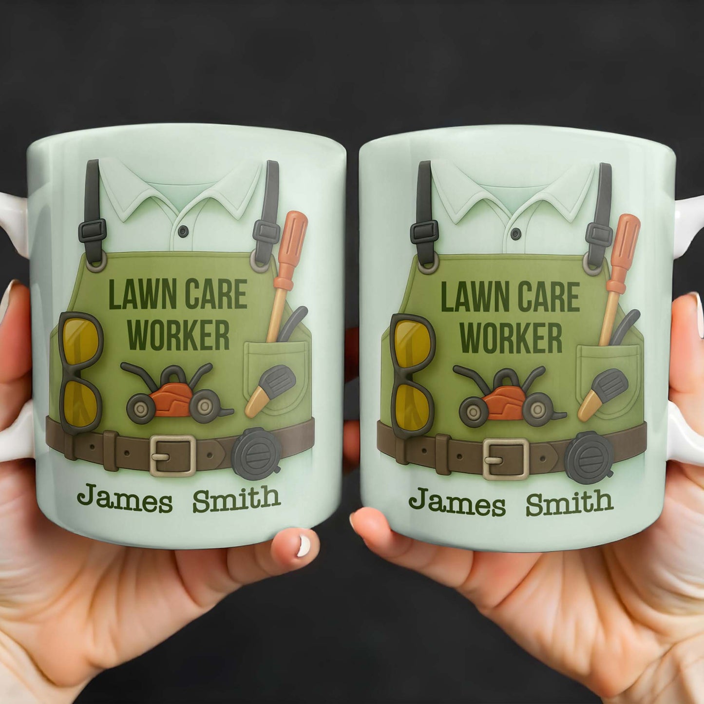 Lawn Care Worker Mug With Lawn Mower, Tools, and Sunglasses