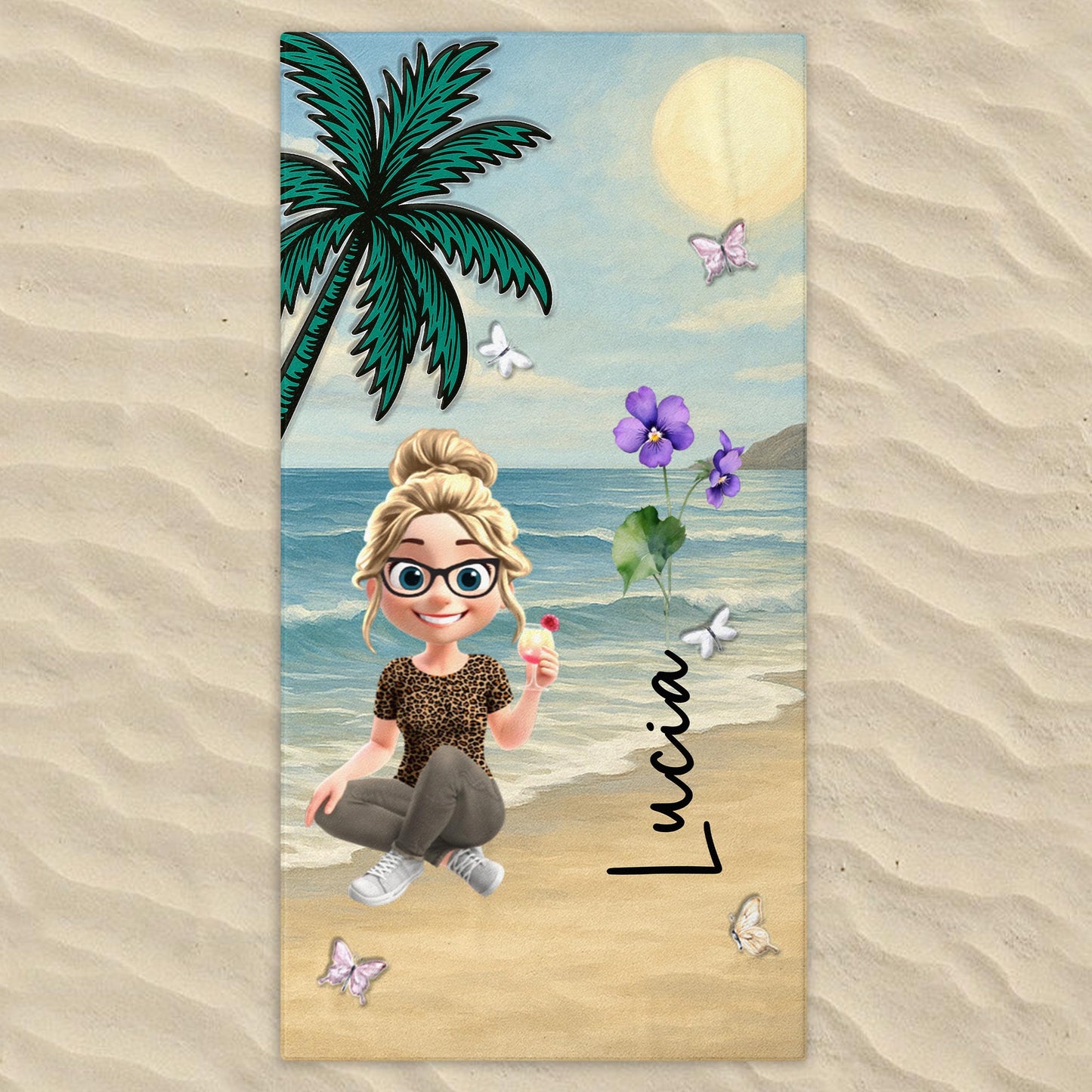 A Personalized Beach Towel With Palm Tree, Beach, Butterfly, Flowers