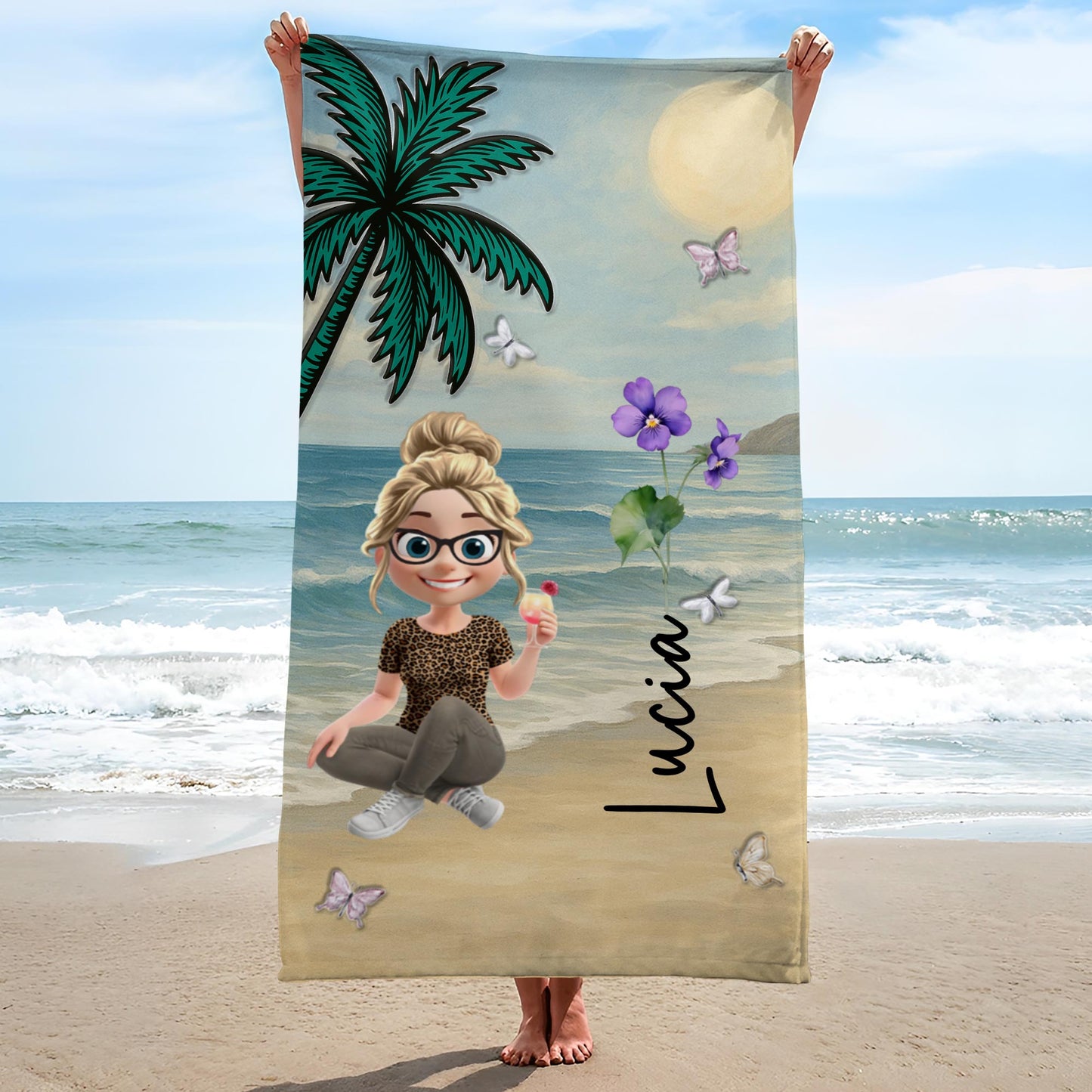 A Personalized Beach Towel With Palm Tree, Beach, Butterfly, Flowers