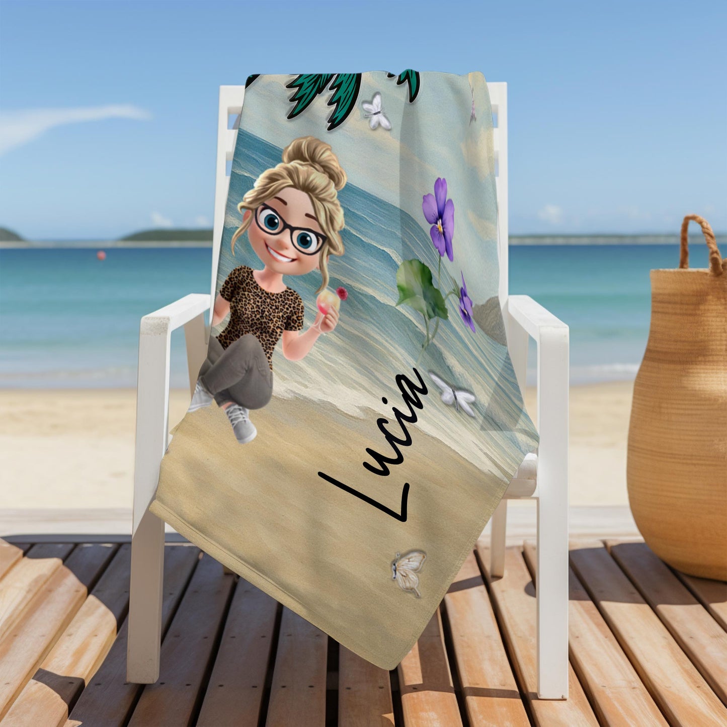 A Personalized Beach Towel With Palm Tree, Beach, Butterfly, Flowers