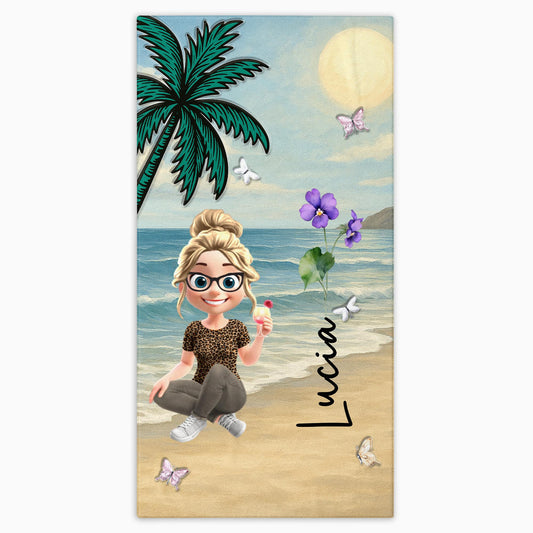 A Personalized Beach Towel With Palm Tree, Beach, Butterfly, Flowers