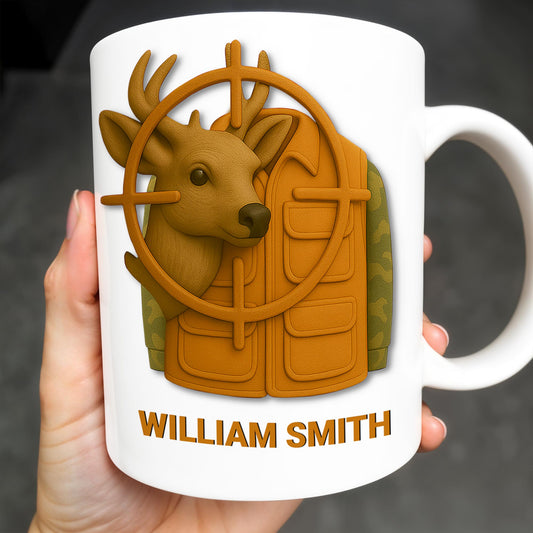 Elegant Deer Hunting Scene on Coffee Mug, Camouflage Jacket