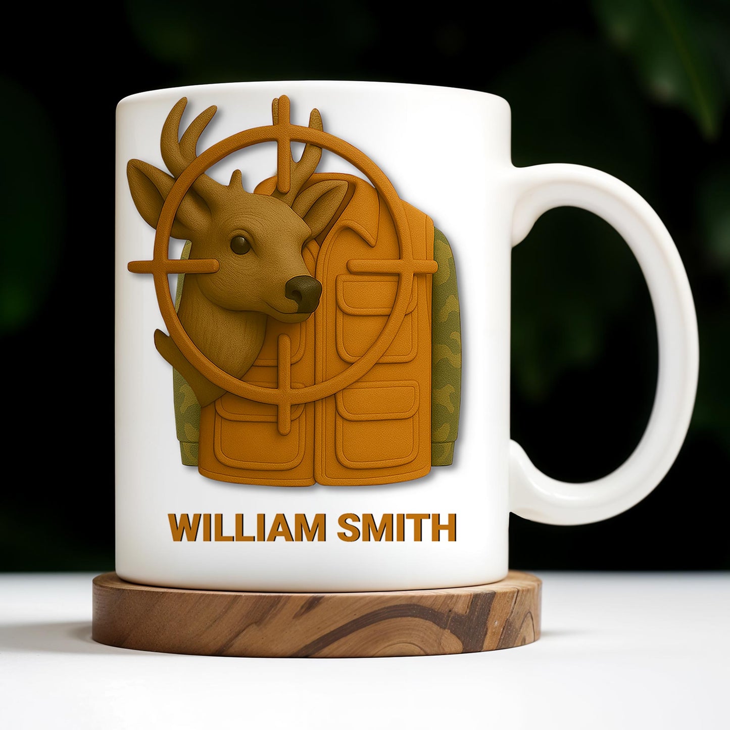 Elegant Deer Hunting Scene on Coffee Mug, Camouflage Jacket