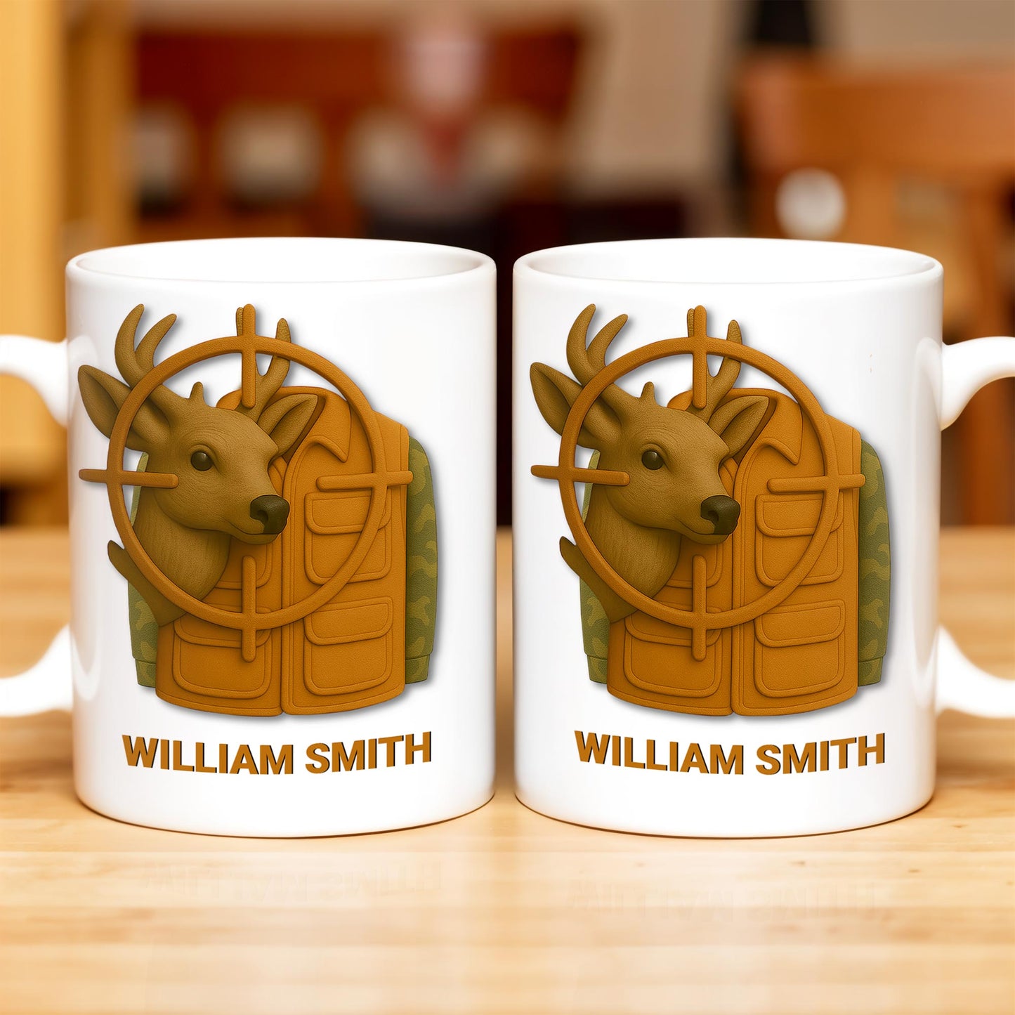 Elegant Deer Hunting Scene on Coffee Mug, Camouflage Jacket