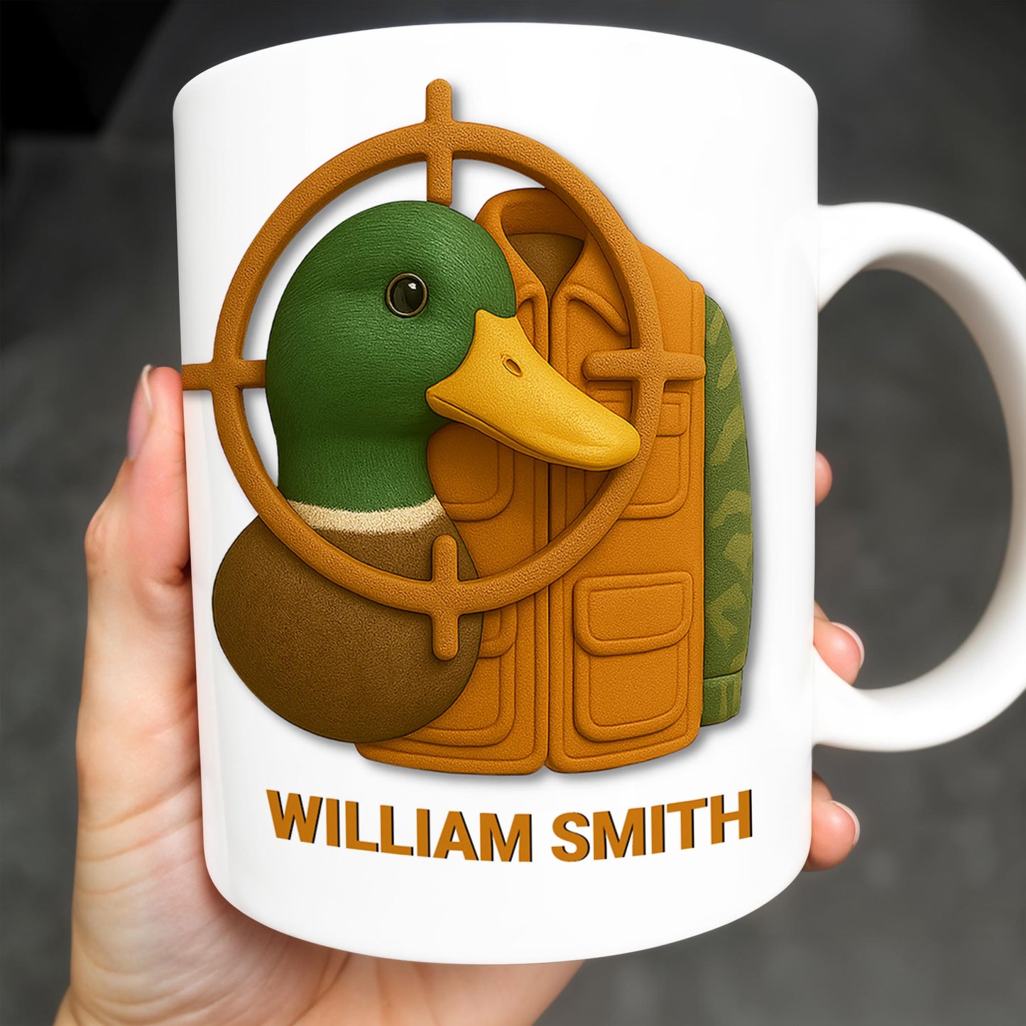 Elegant Deer Hunting Scene on Coffee Mug, Camouflage Jacket