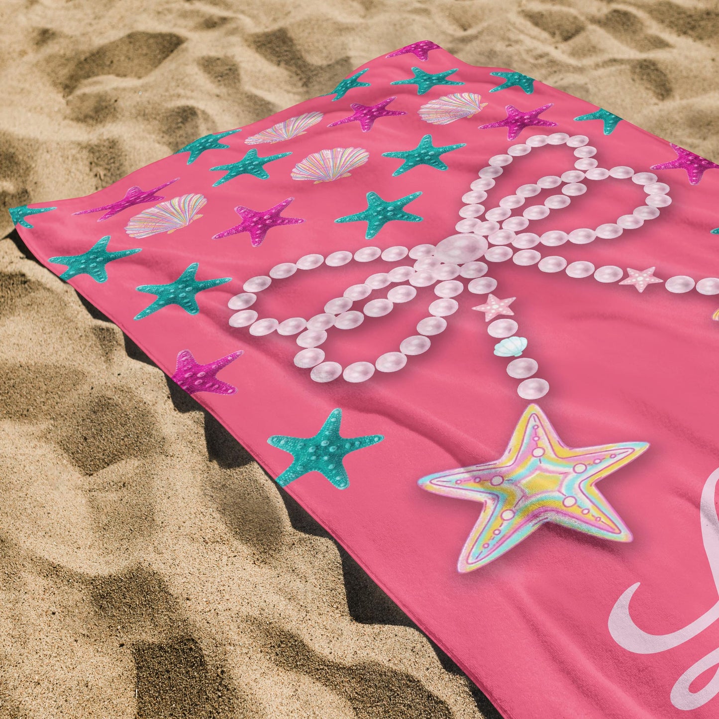 Personalized Beach Towel With Seashells And Starfish Design