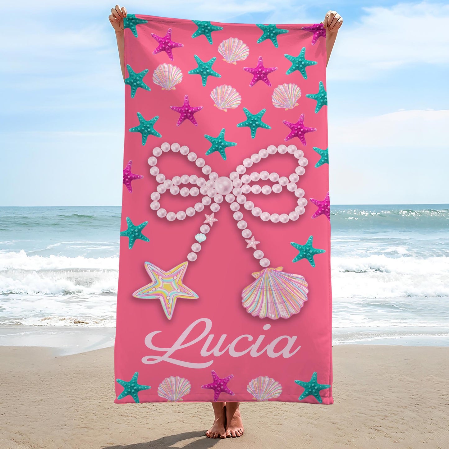 Personalized Beach Towel With Seashells And Starfish Design