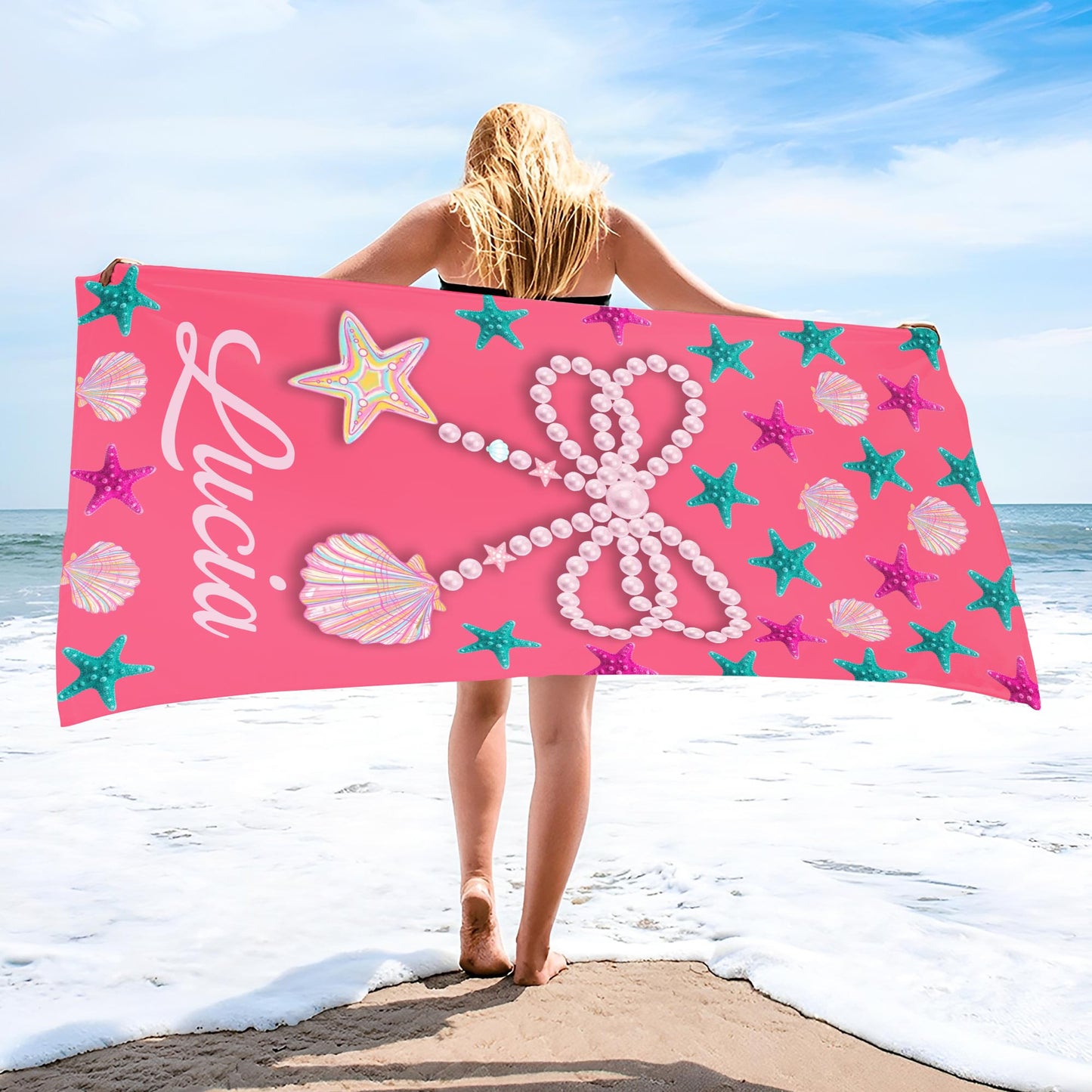 Personalized Beach Towel With Seashells And Starfish Design