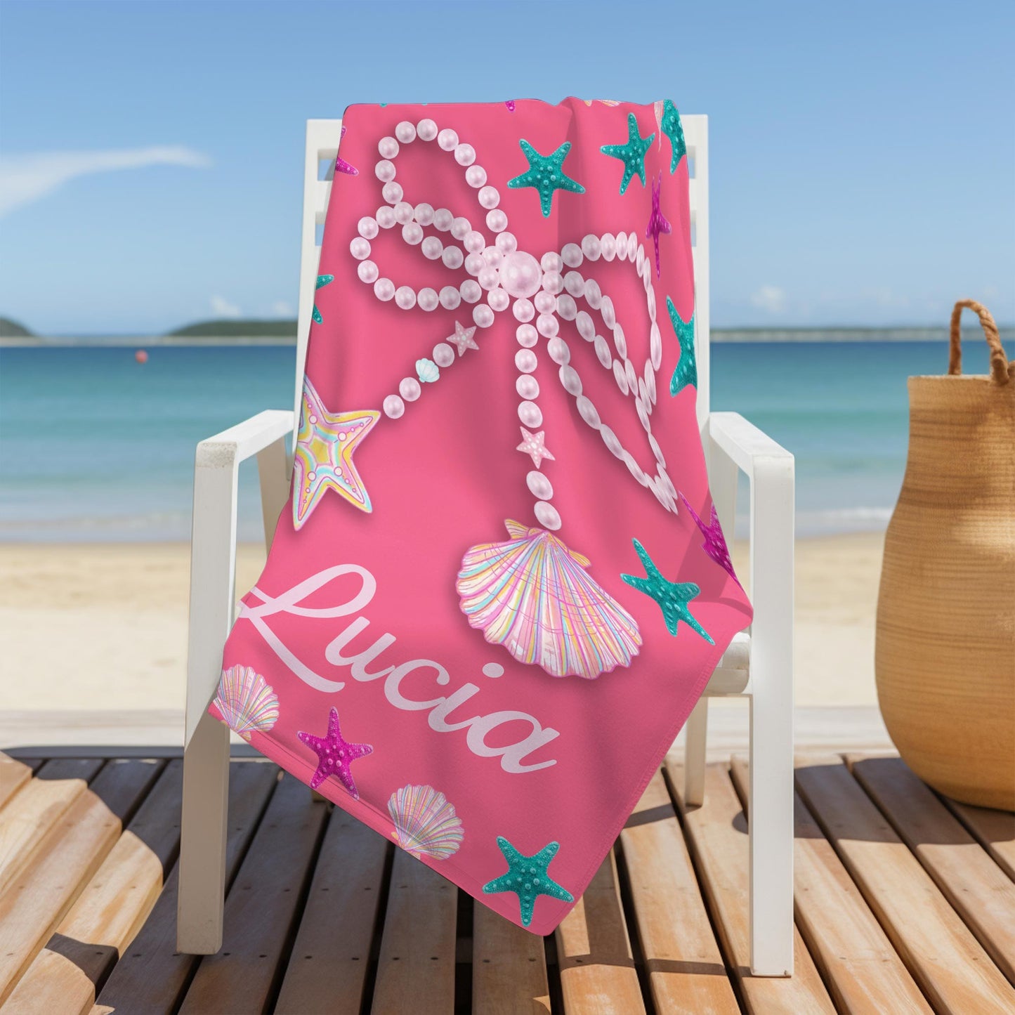 Personalized Beach Towel With Seashells And Starfish Design