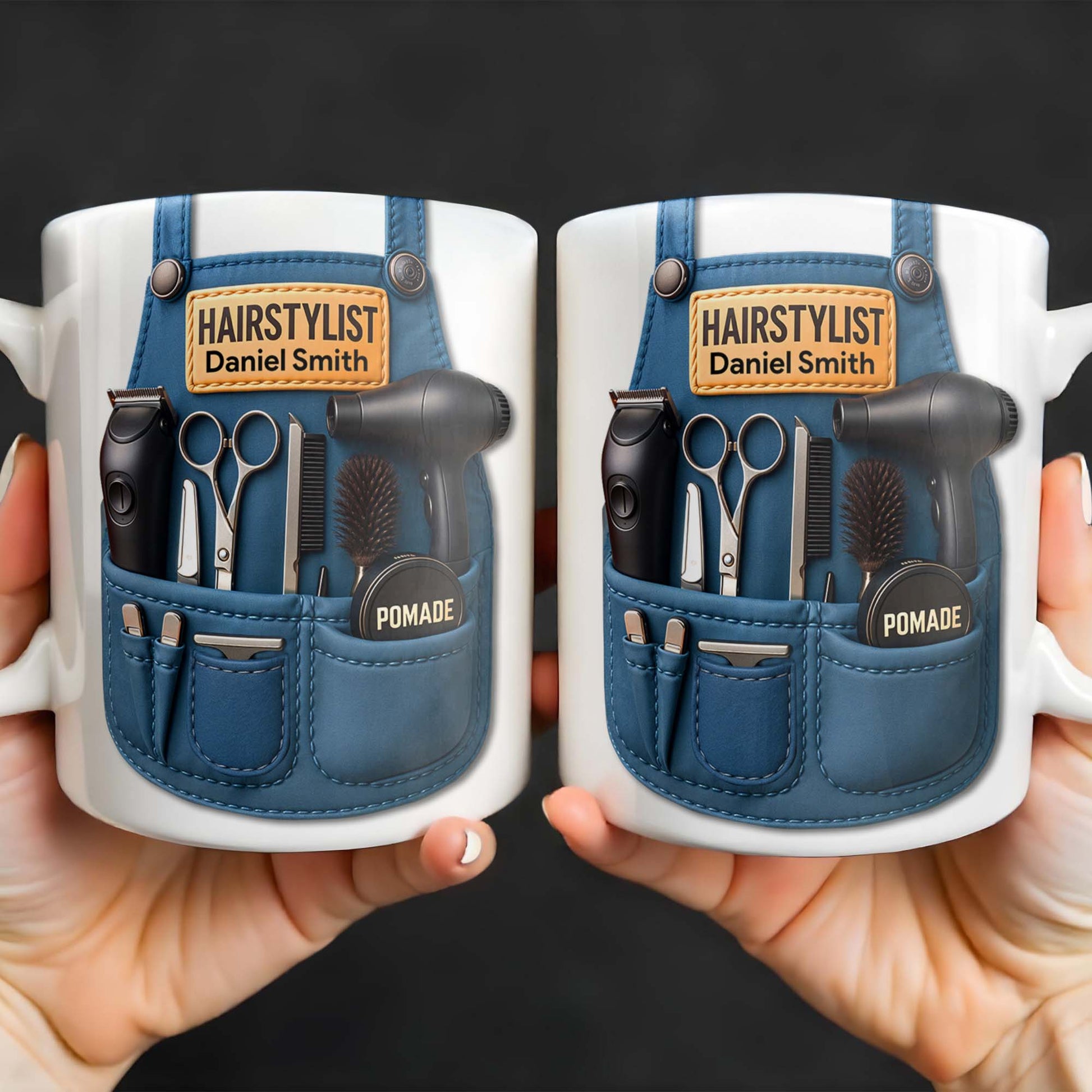 Gift A Unique Personalized Mug For Stylish Hairdressers, Hairstyling Tools And Barber's Apron