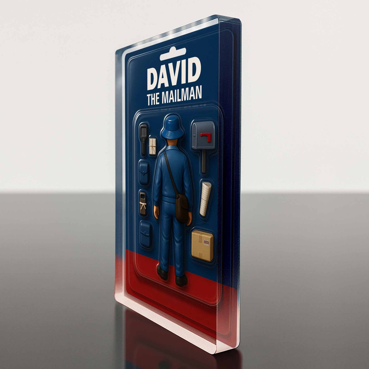 David The Mailman, Custom Acrylic Plaque Featuring a Mailman, Mailbox, Letters, and Parcels