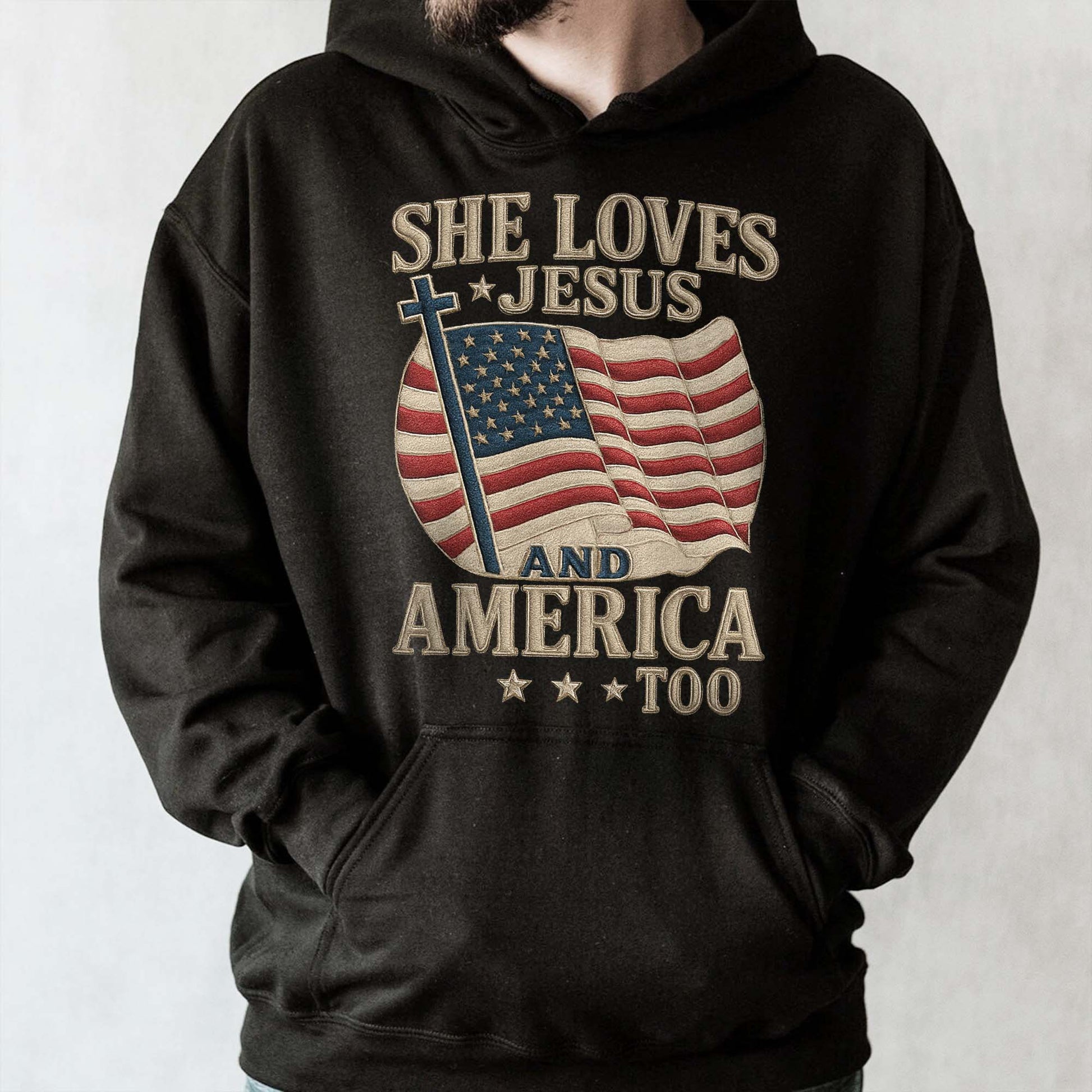 She Loves Jesus And America Too Cross and Flag Design