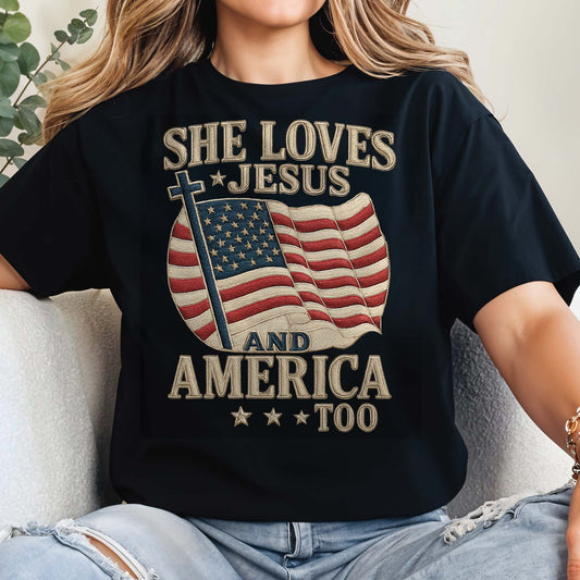 She Loves Jesus And America Too Cross and Flag Design