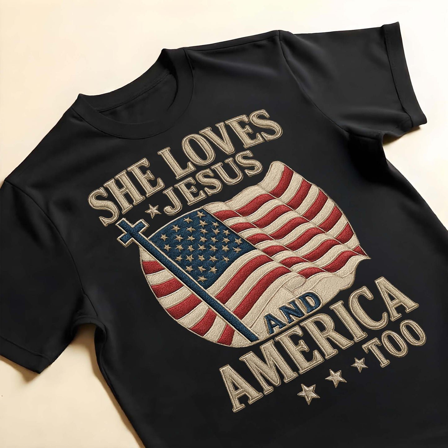 She Loves Jesus And America Too Cross and Flag Design