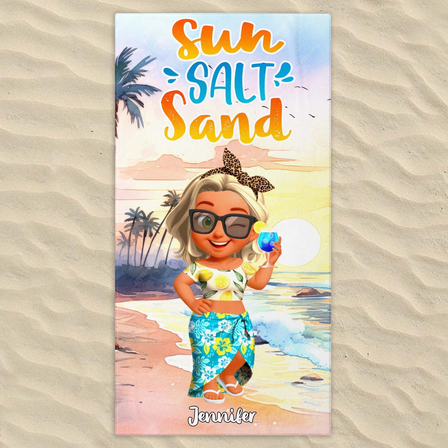 Sun, Salt, Sand With Beach and Palm Trees