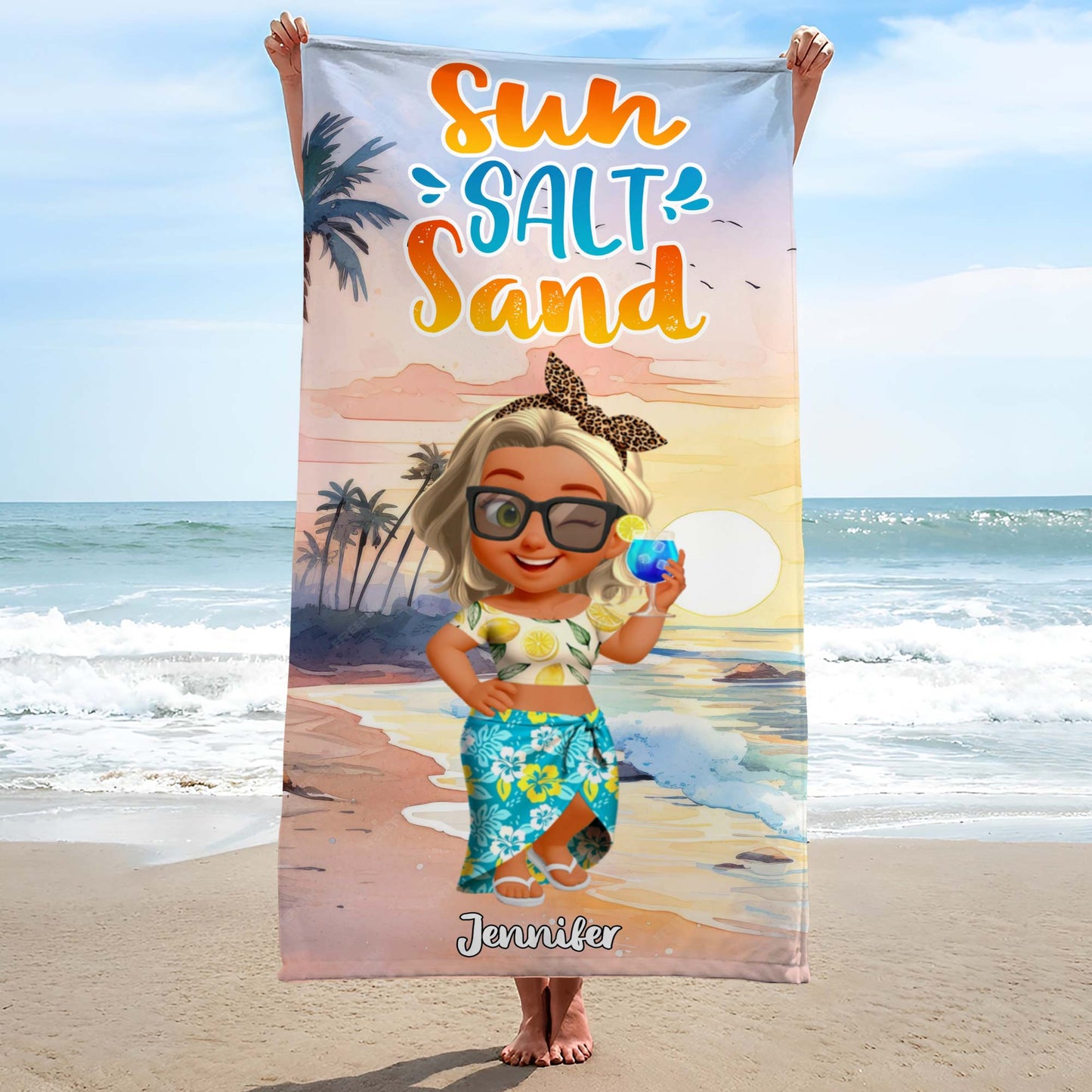 Sun, Salt, Sand With Beach and Palm Trees