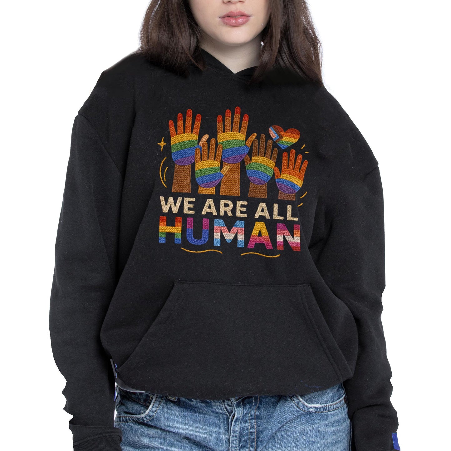 We Are All Human With Raised Hands And Heart Design