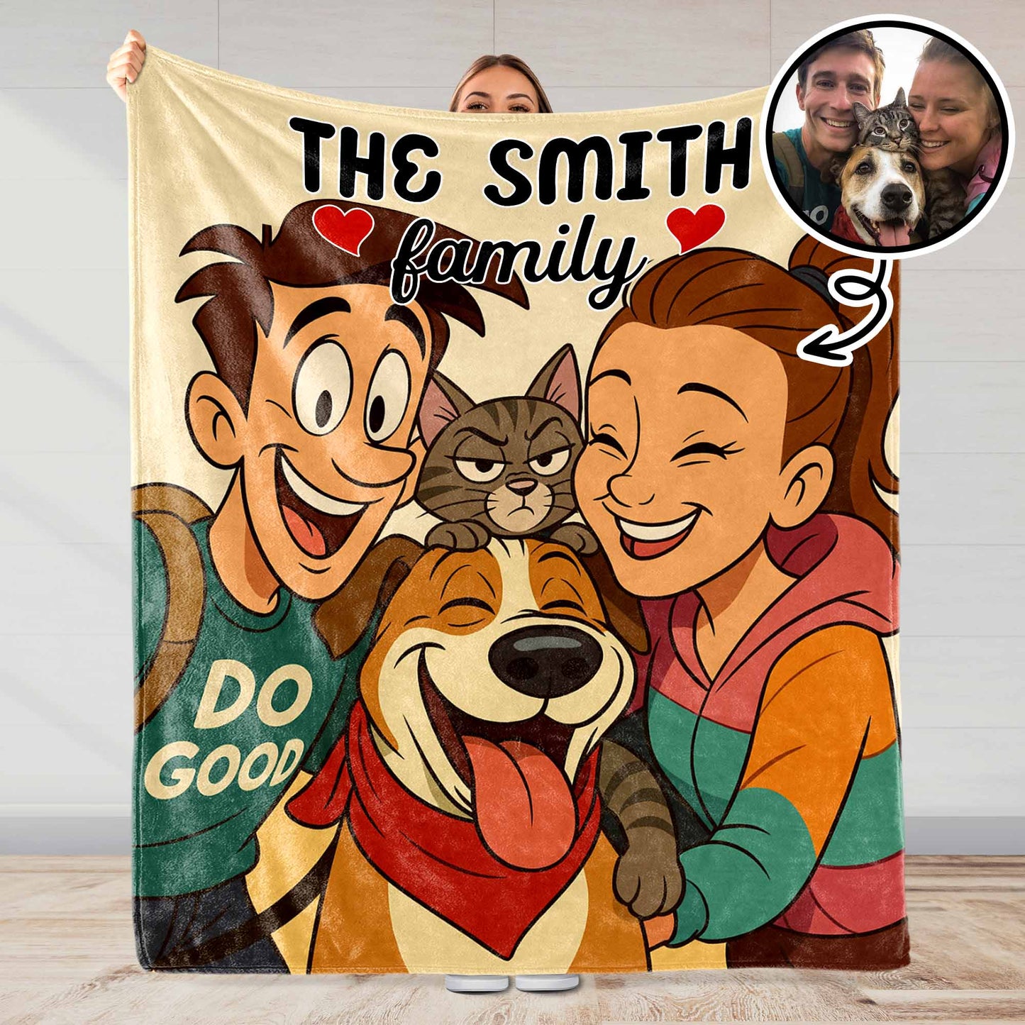 The Smith Family With Dog And Cat - Personalized Custom Blanket - FAM402_BLK