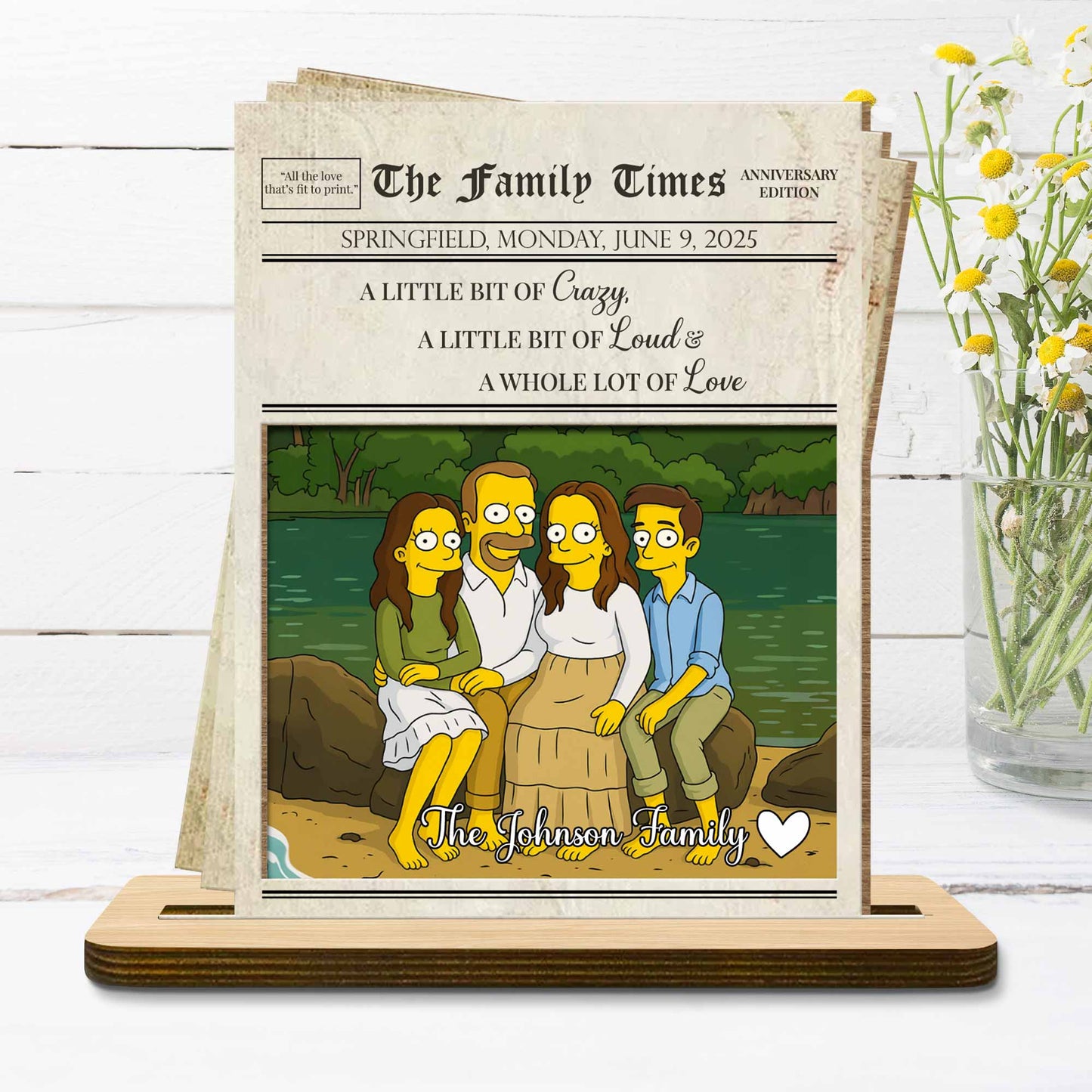 Portrait de famille « Un peu de folie, de bruit et d'amour » - Plaque en bois personnalisée à 2 couches avec base plate - FAM402_WPLA