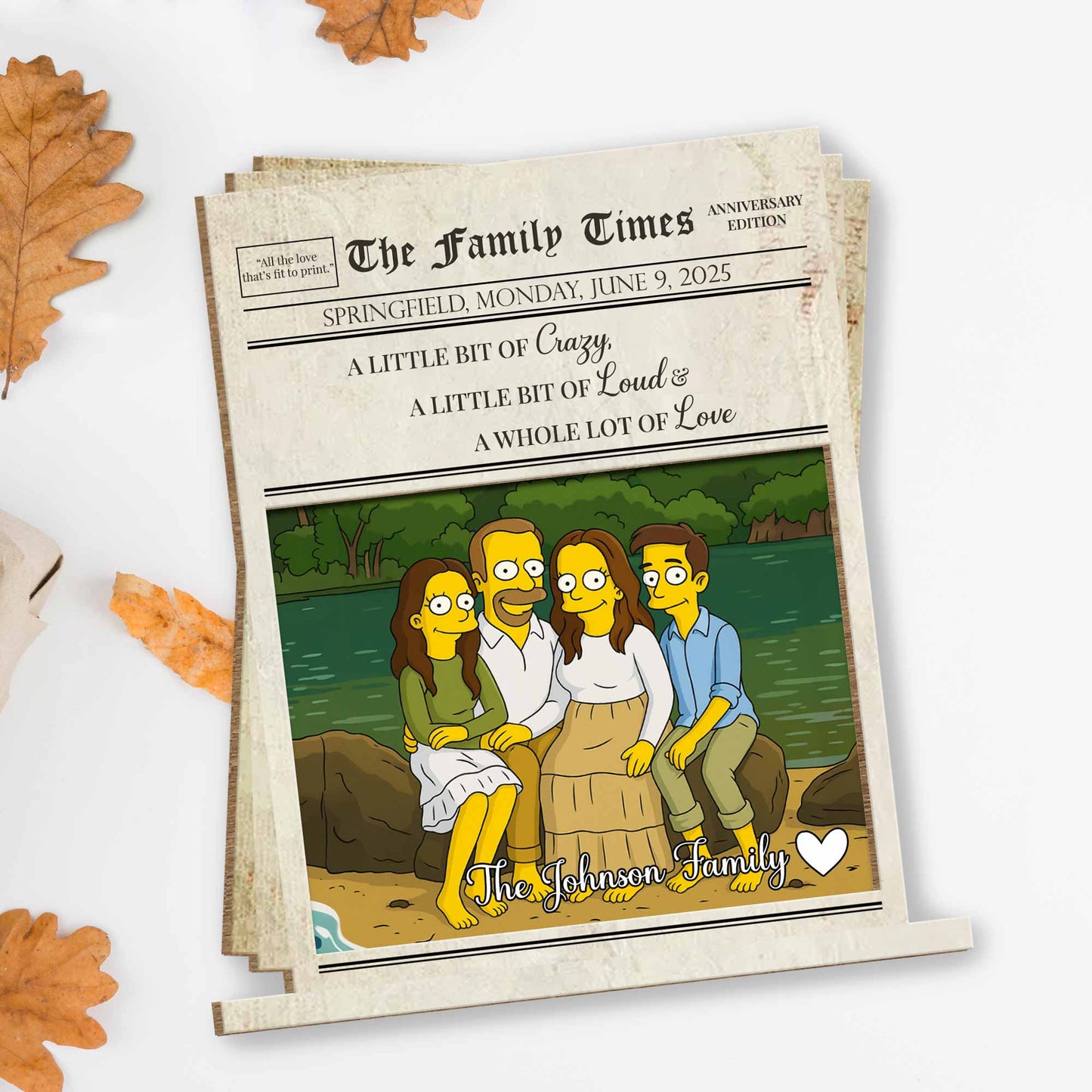 Portrait de famille « Un peu de folie, de bruit et d'amour » - Plaque en bois personnalisée à 2 couches avec base plate - FAM402_WPLA